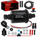 Black 12V inline electric fuel pump kit with wiring, fittings, and hose