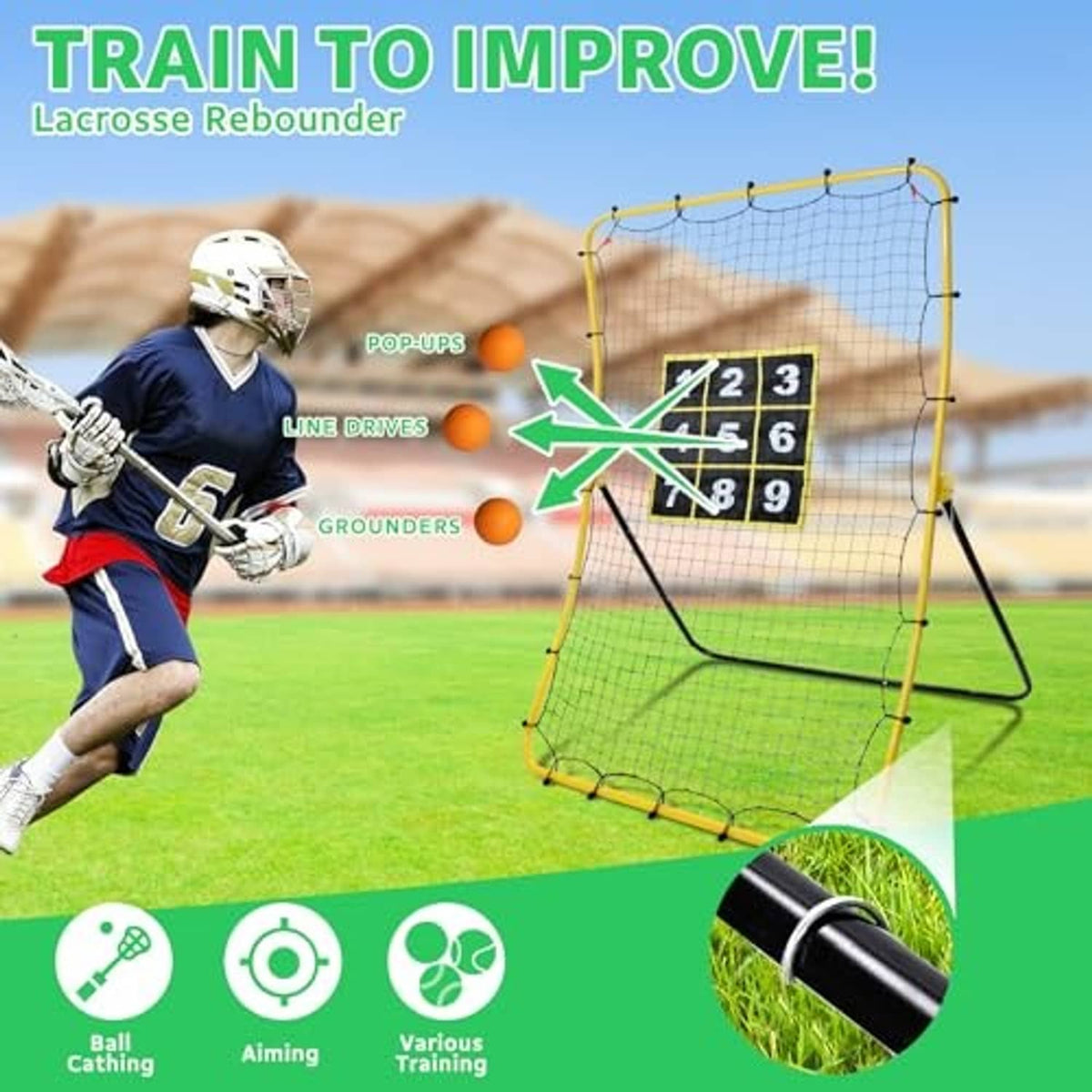Lacrosse-style rebounder net with yellow frame and 1–9 number target panel