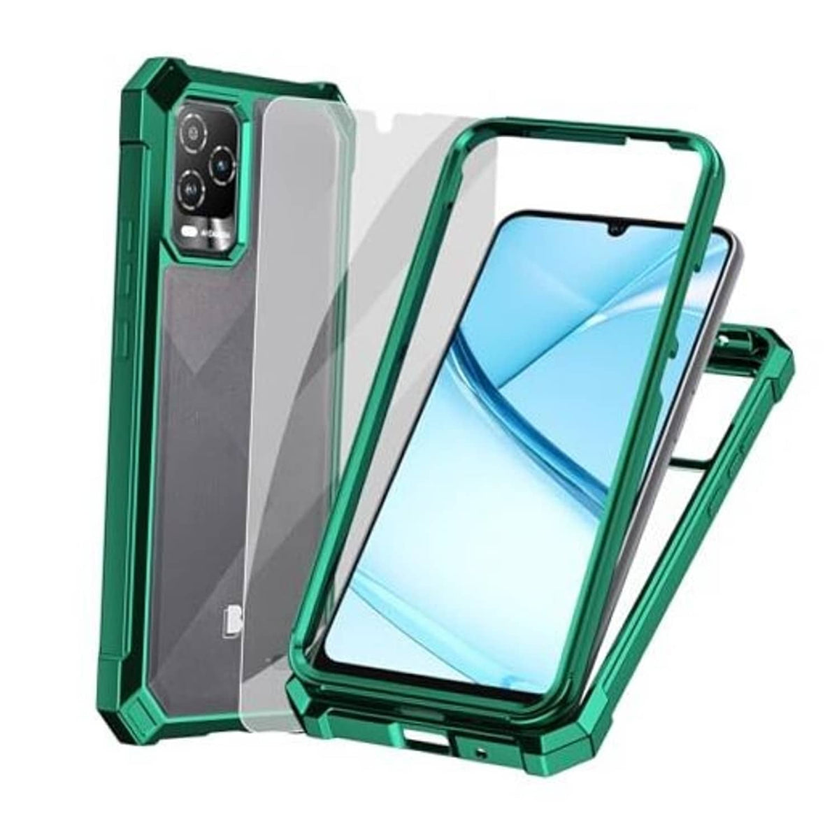 Clear-backed green phone case with raised camera cutouts and protective corners