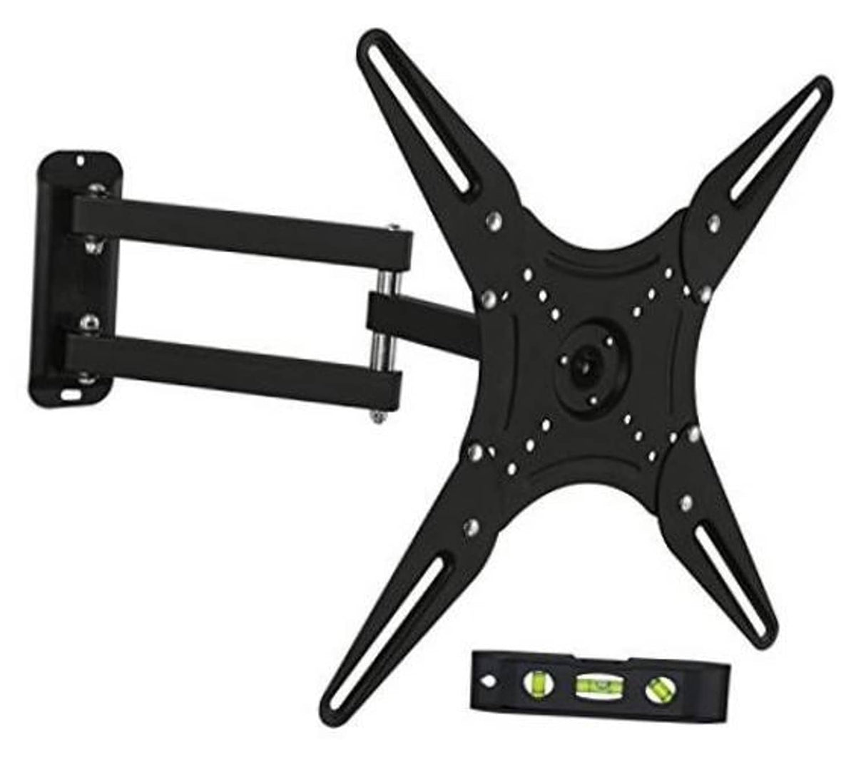 Black full-motion TV wall mount with articulating arm, tilt and swivel brackets