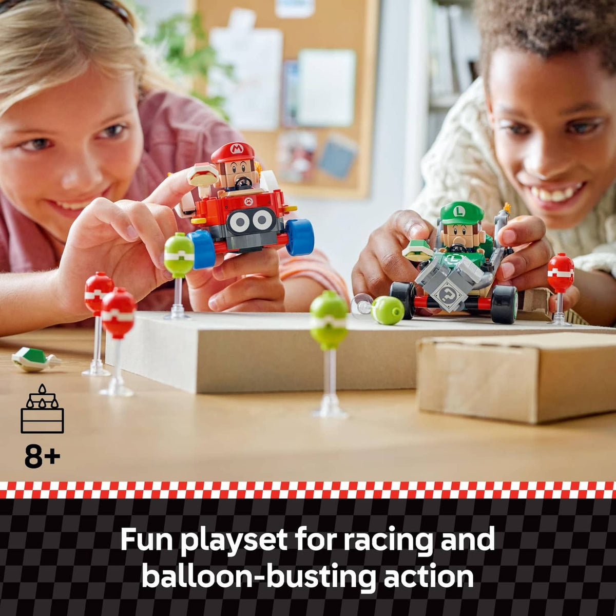 Kids playing with LEGO Super Mario baby racers, multicolor vehicles and figures