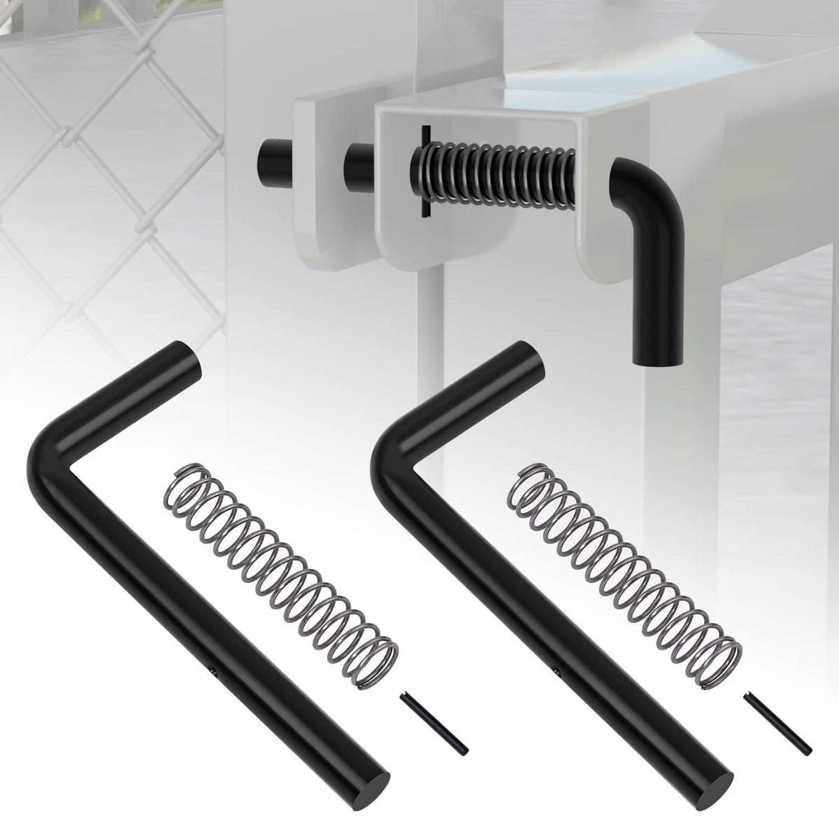 Trailer gate spring latch kit parts: two black U handles, coil springs, and pins