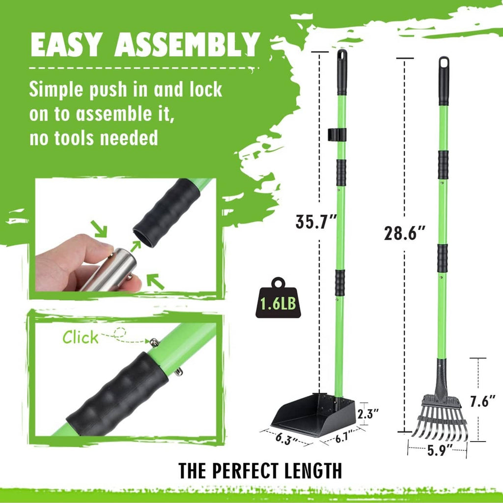 Dog pooper scooper with long green handle and black base rake tray