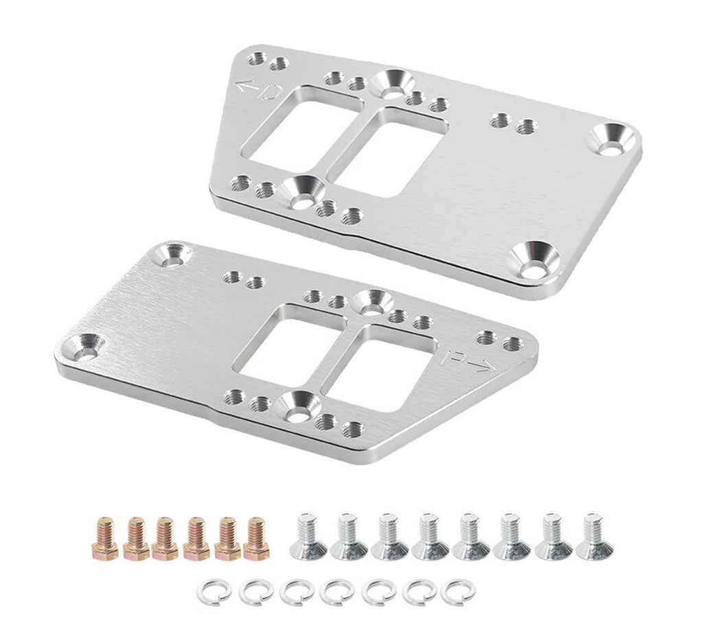 Engine motor mount adapter plate set, two silver plates with mounting holes and cutouts