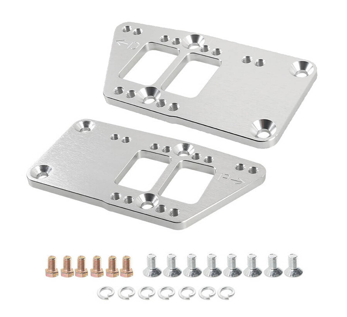 Engine motor mount adapter plate set, two silver plates with mounting holes and cutouts