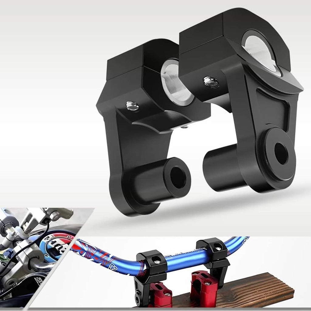 Black pivot handlebar riser bracket shown mounted on handlebars with clamp bolts