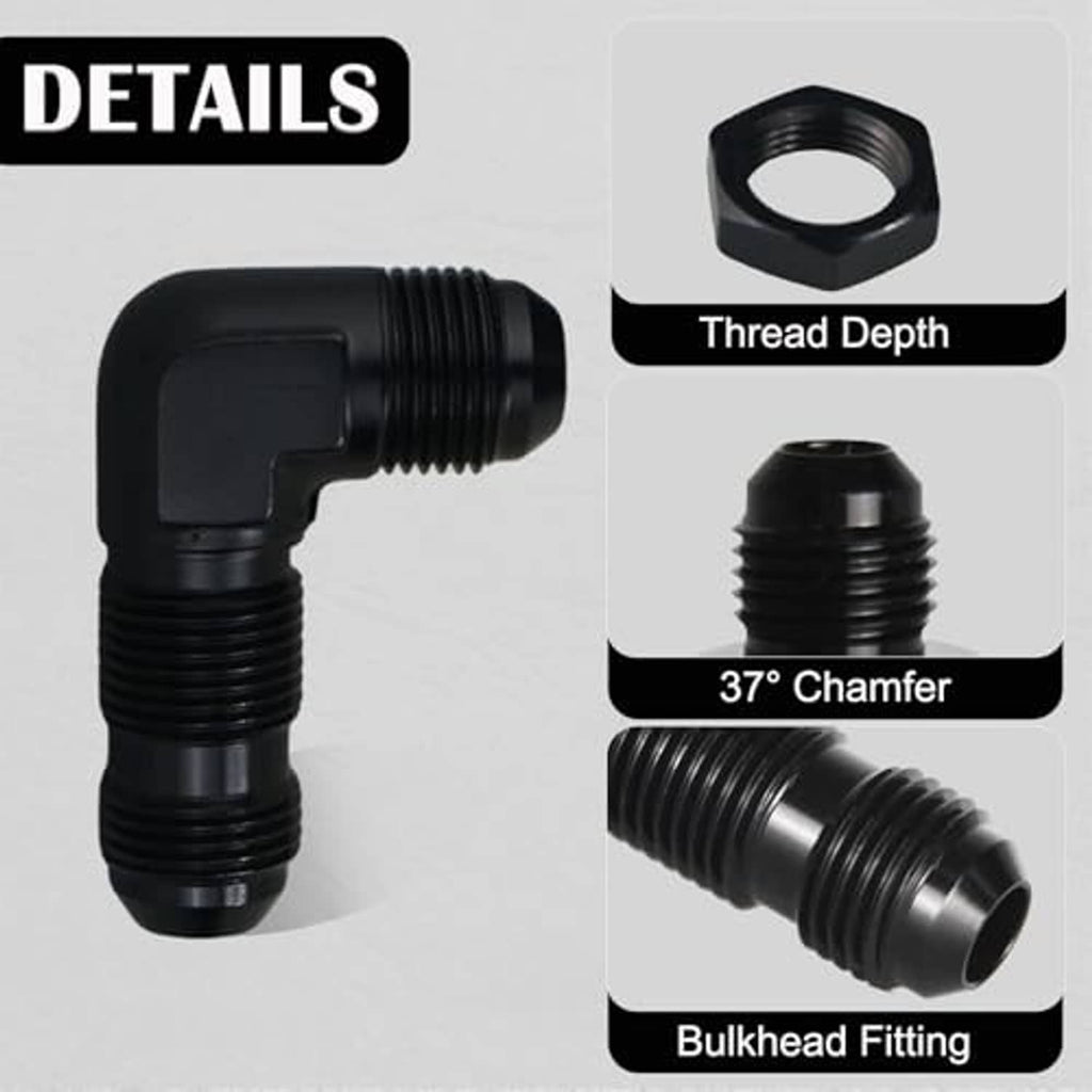 Black 90-degree bulkhead fitting adapter with threads and included hex nut