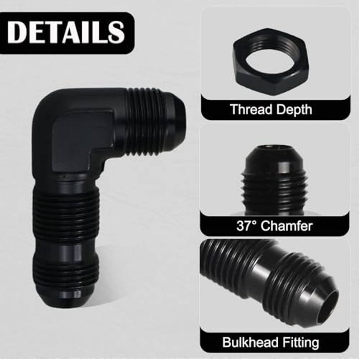 Black 90-degree bulkhead fitting adapter with threads and included hex nut