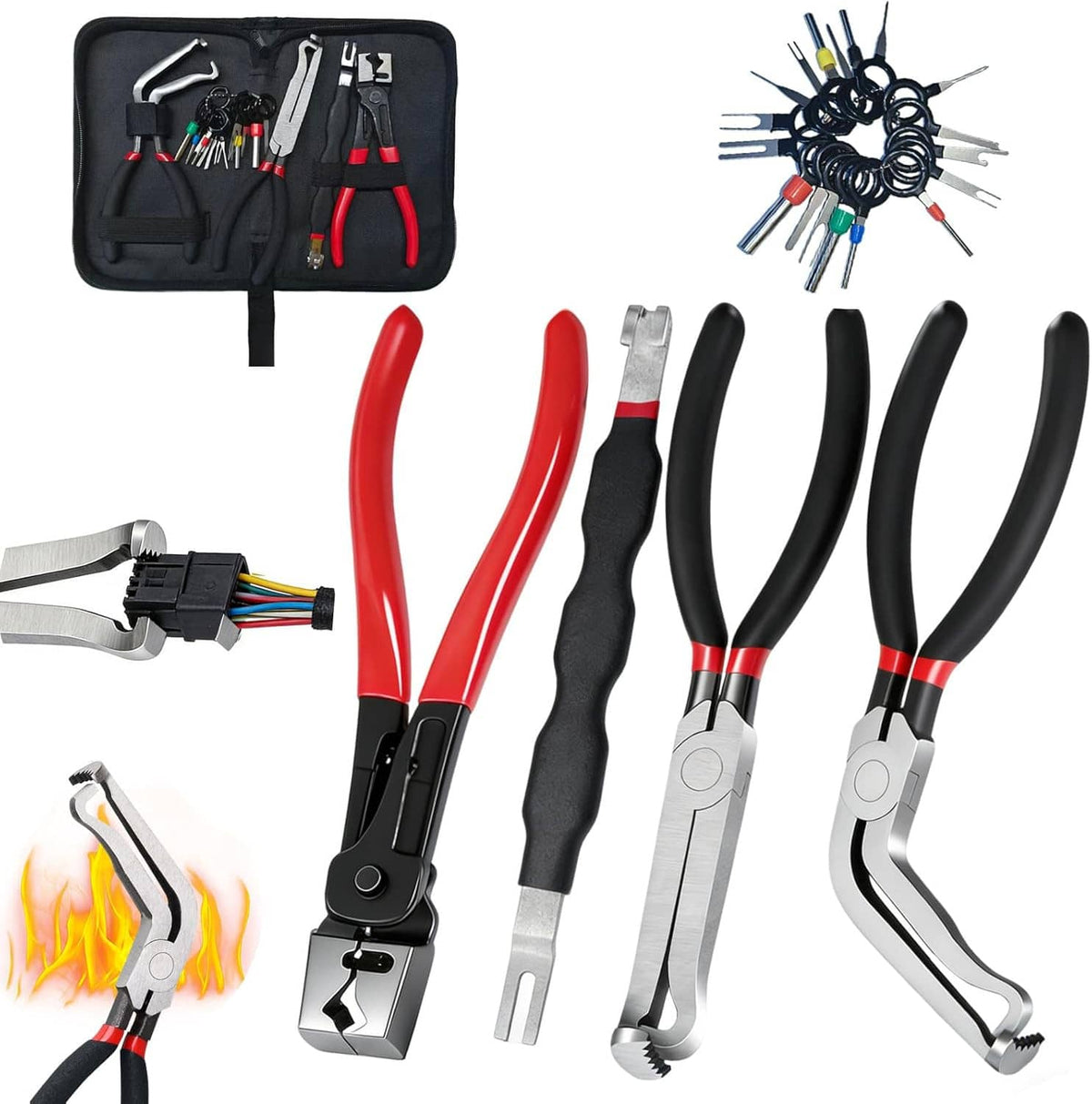 Automotive electrical disconnect pliers set in black storage case with multiple tools