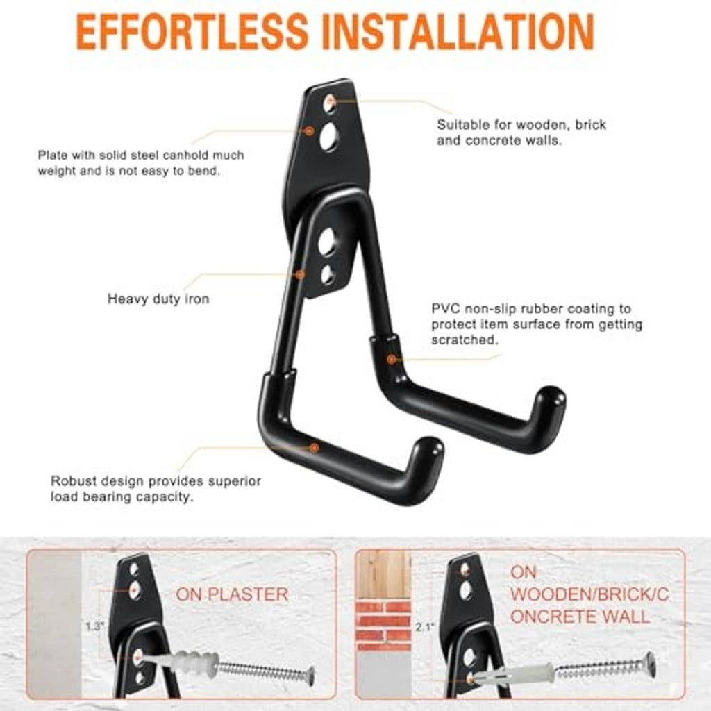 Black small U hook with mounting plate and curved arms, shown with usage notes