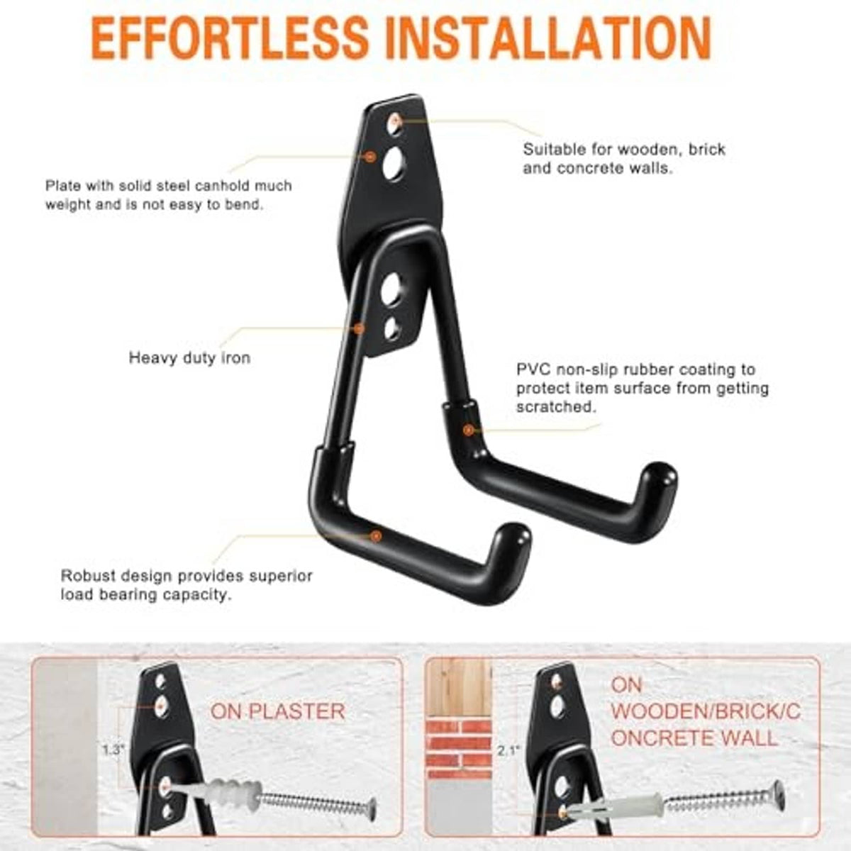 Black small U hook with mounting plate and curved arms, shown with usage notes