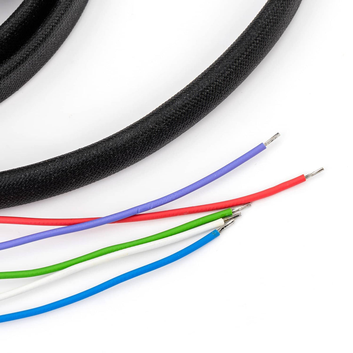 Black cables with exposed multicolor wire ends and crimp connectors