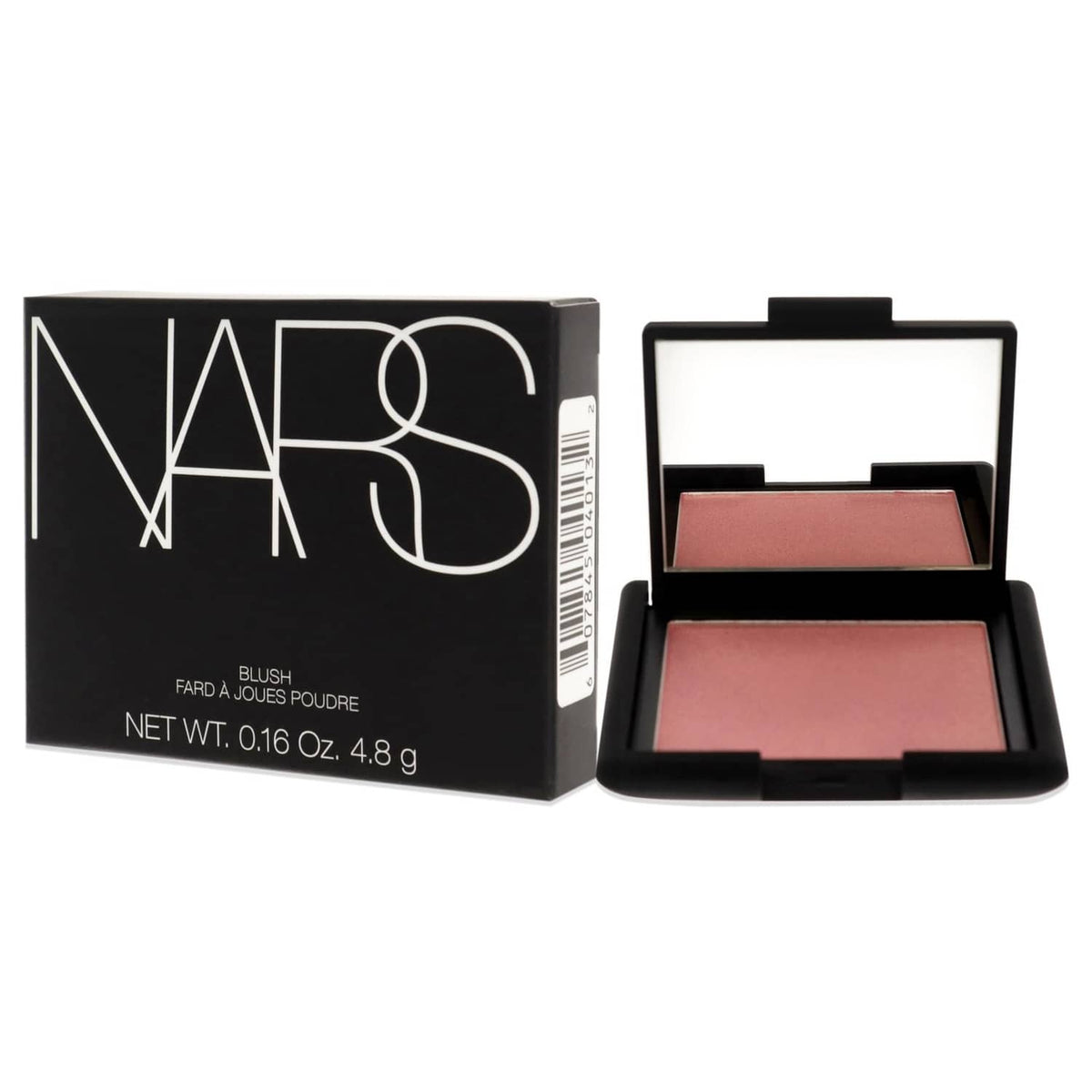 NARS blush compact with peach-pink powder and outer box with barcode