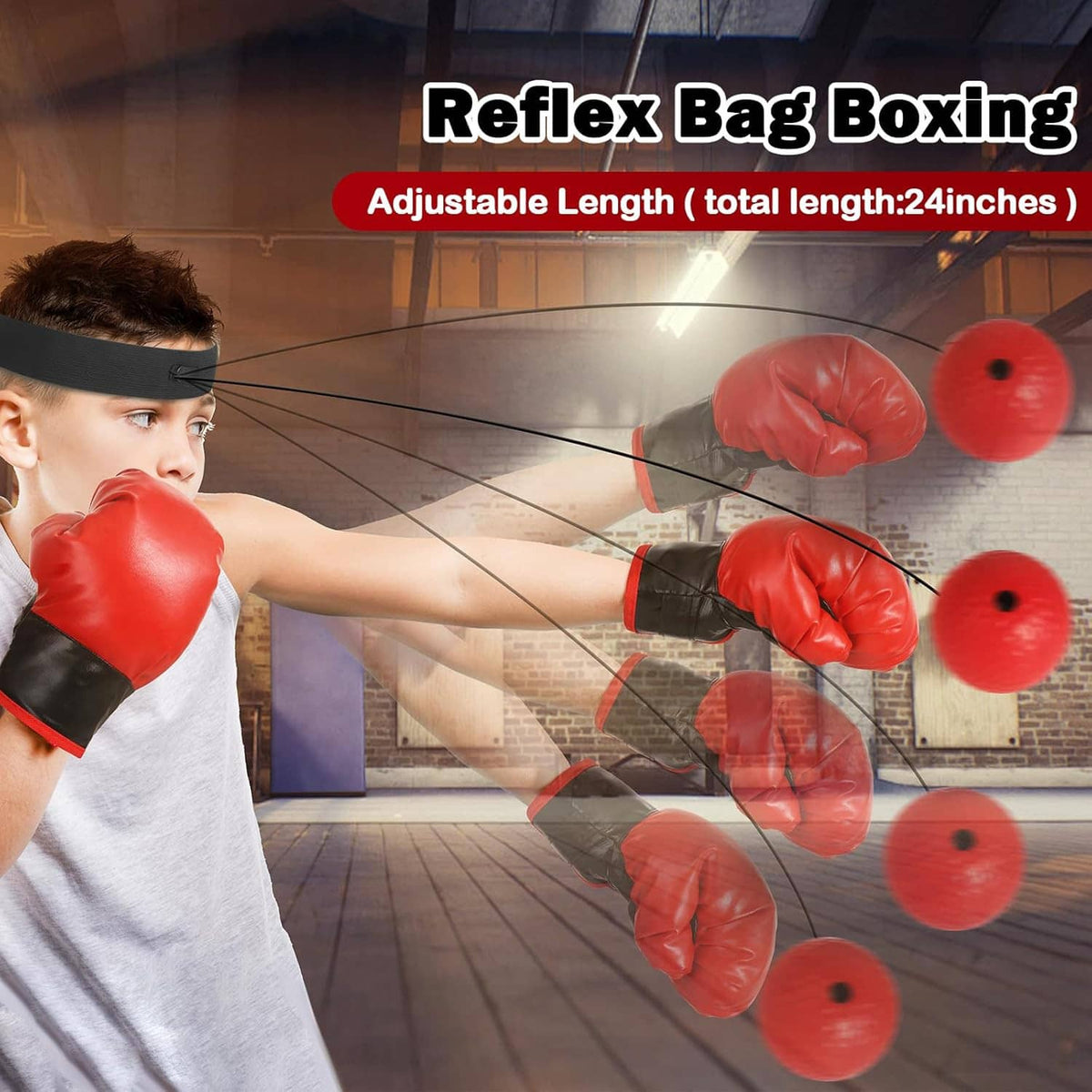 Kids reflex boxing bag with red gloves and hanging ball targets for punching