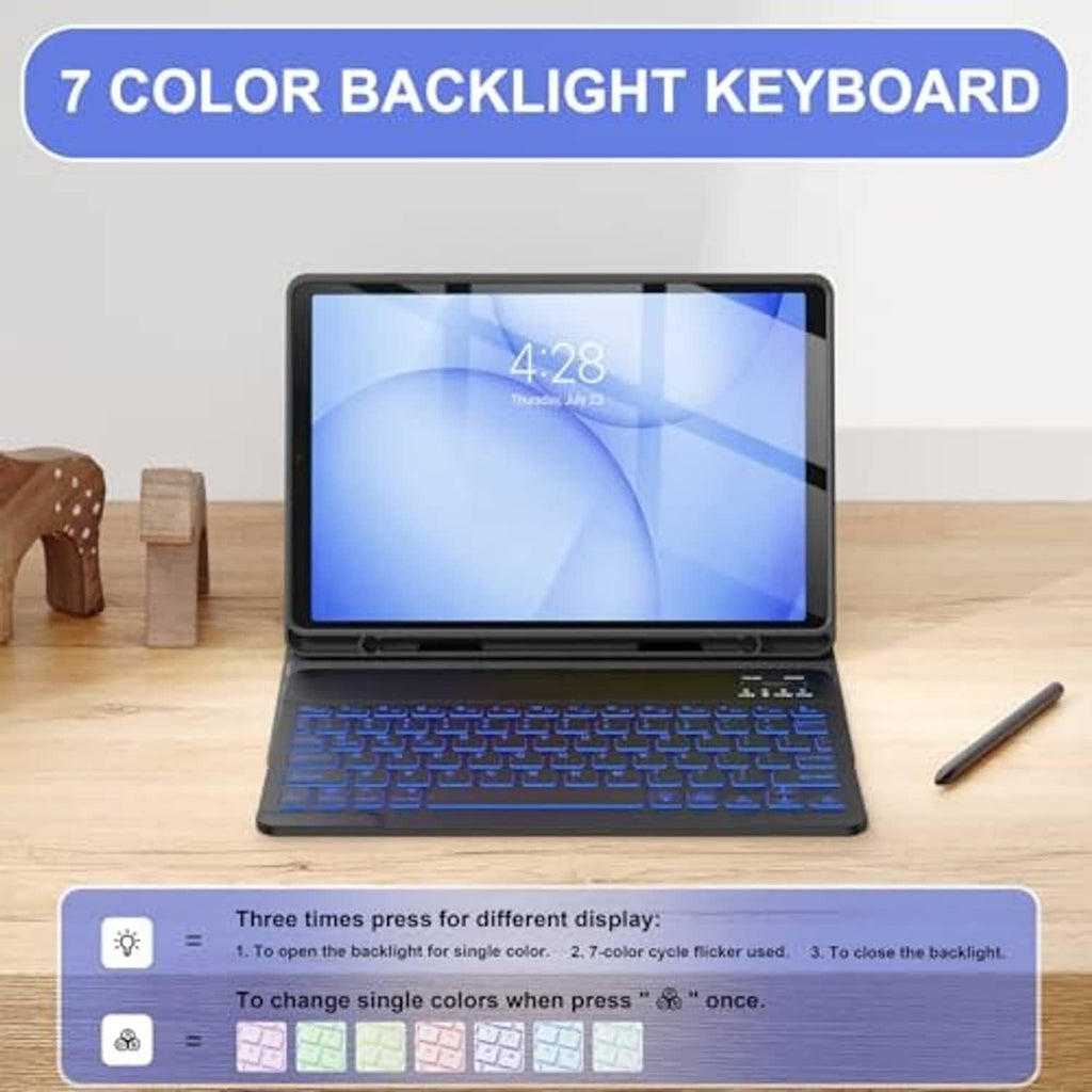 Black keyboard case with multi-color backlit keys on a stand