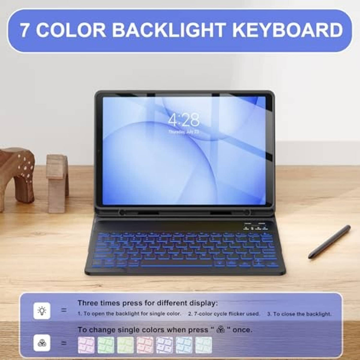 Black keyboard case with multi-color backlit keys on a stand