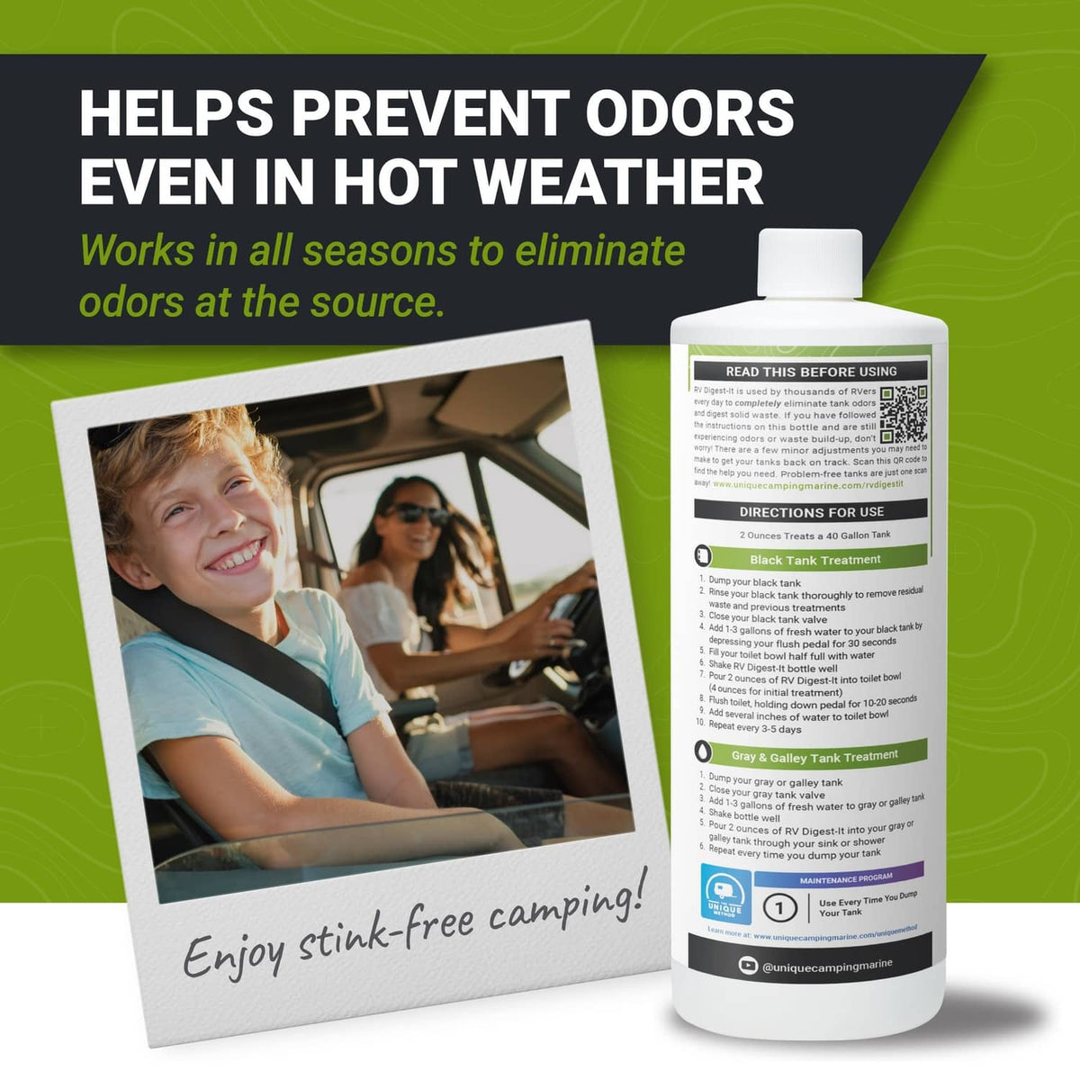RV holding tank treatment bottle with green label, white cap, and 32 fl oz bottle size