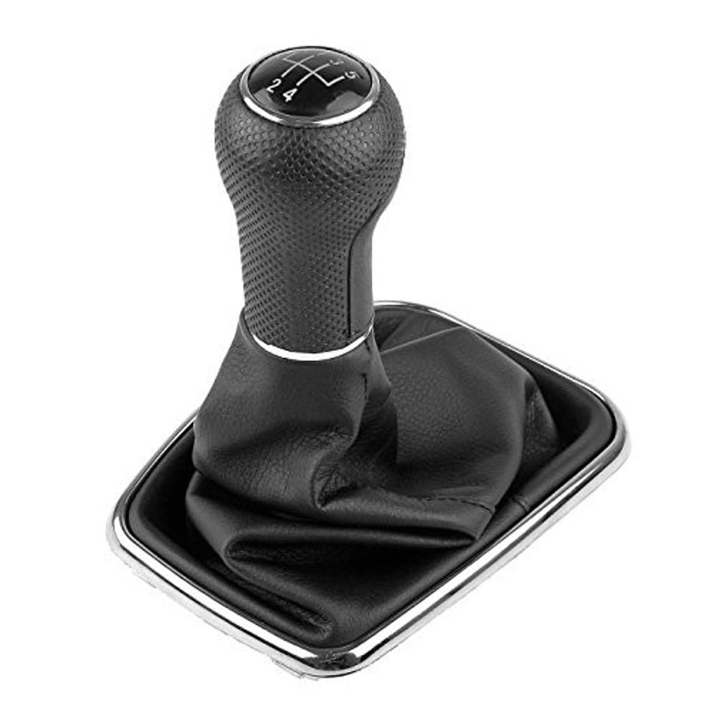 Black gear shift knob with chrome trim and PU leather gaitor boot dust cover, 5-speed