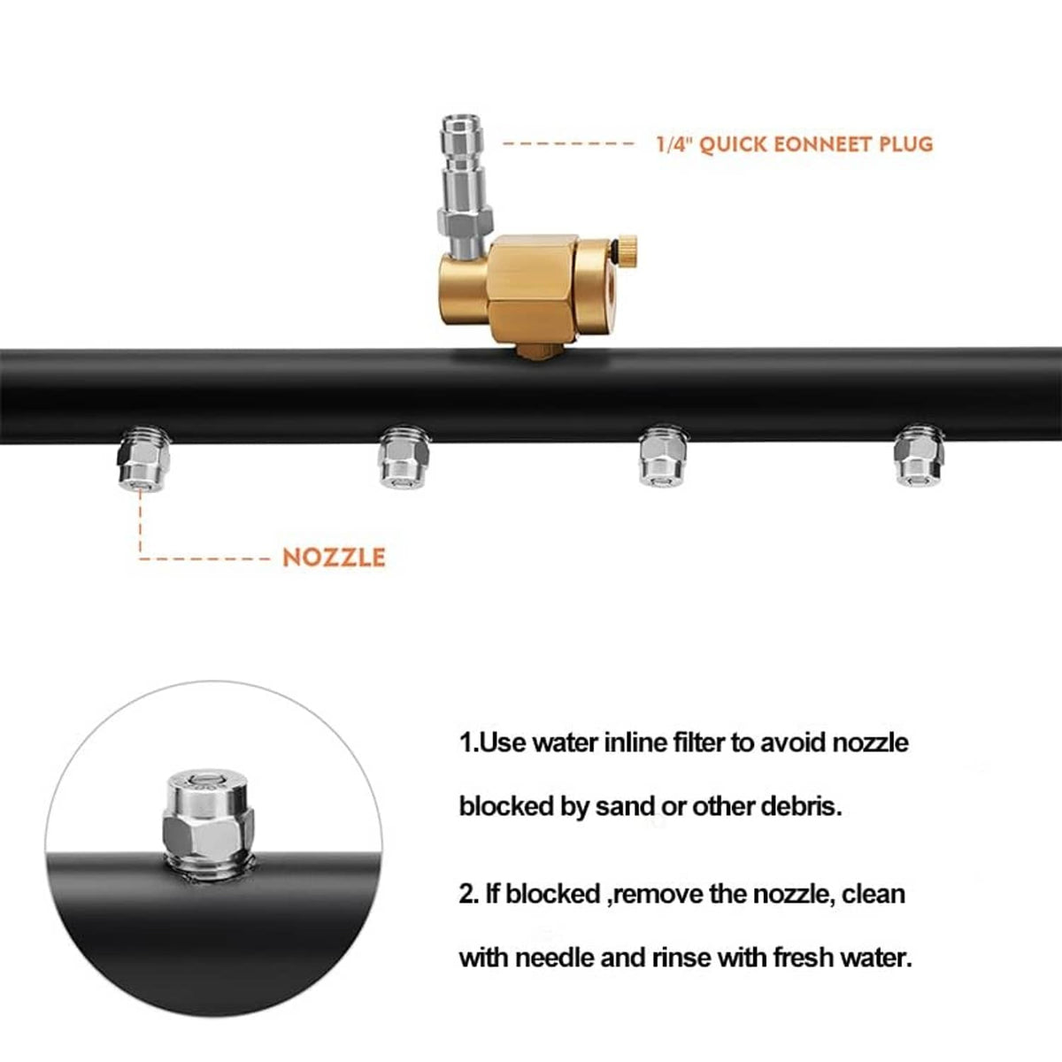 Black wand with 1/4 quick-connect plug and brass nozzle on pressure washer broom