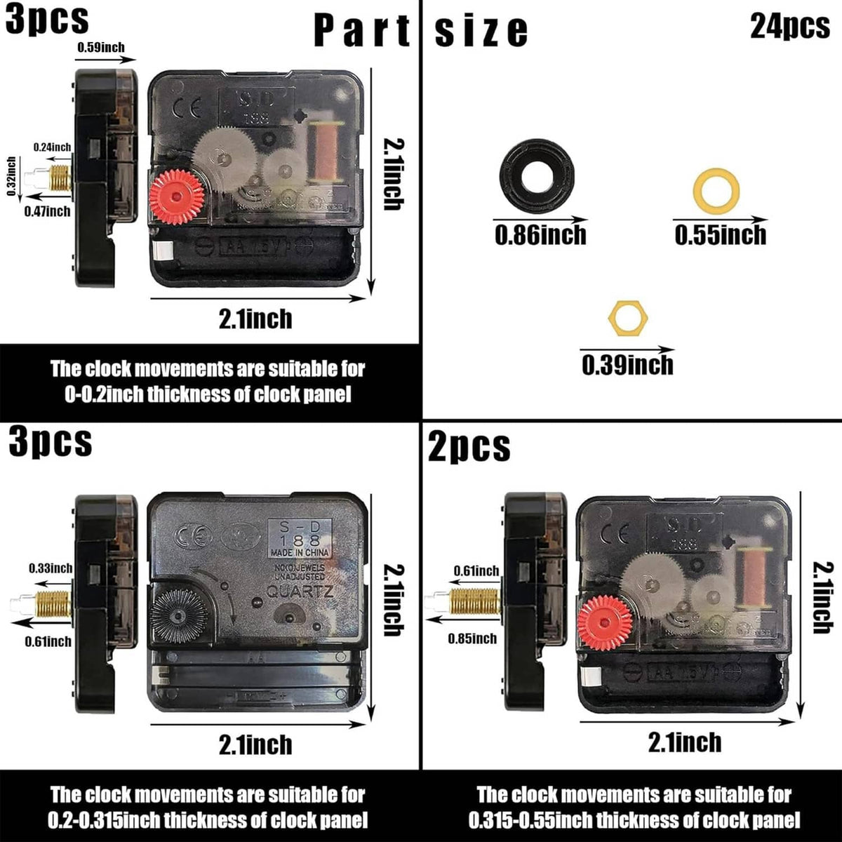 Quartz clock movement mechanisms with size diagram and 3pcs/2pcs/24pcs details