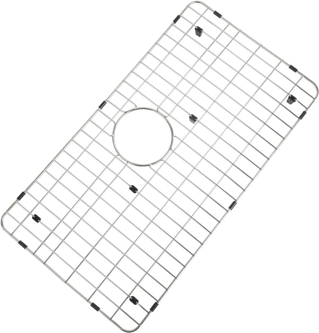 Stainless steel sink grid protector with round drain opening and corner black clamps