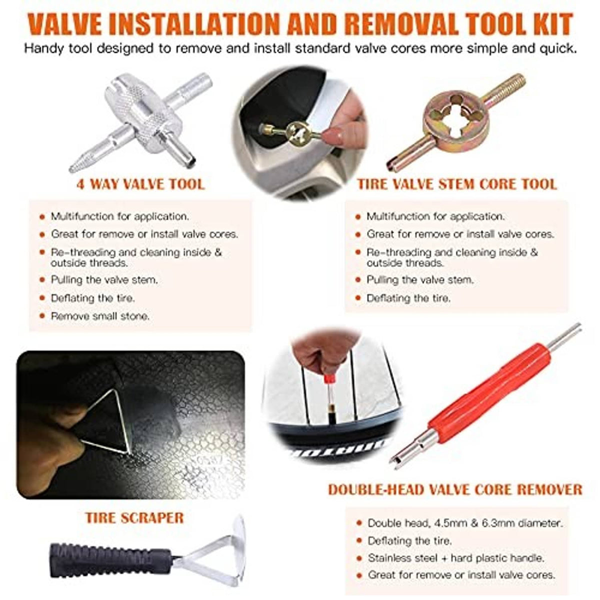 Valve installation and removal tool kit with red-handled scraper and core tools