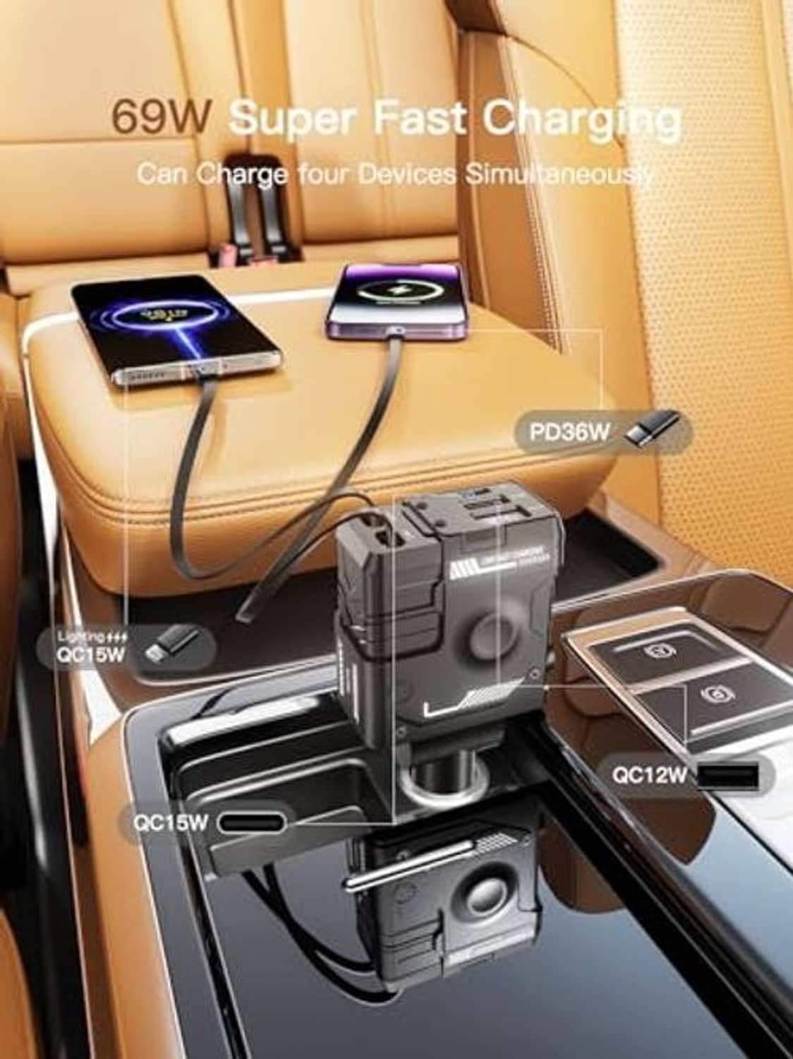 4-in-1 car charger with retractable cables charging two phones and tablet