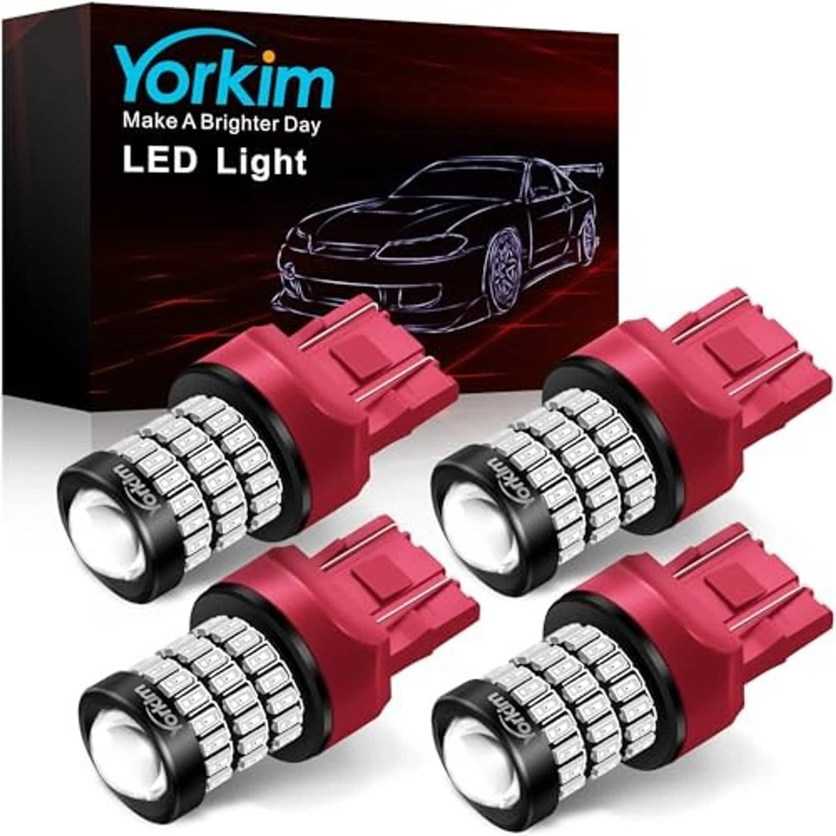 Four-pack red LED bulbs with black projector lenses and white SMD chip rings