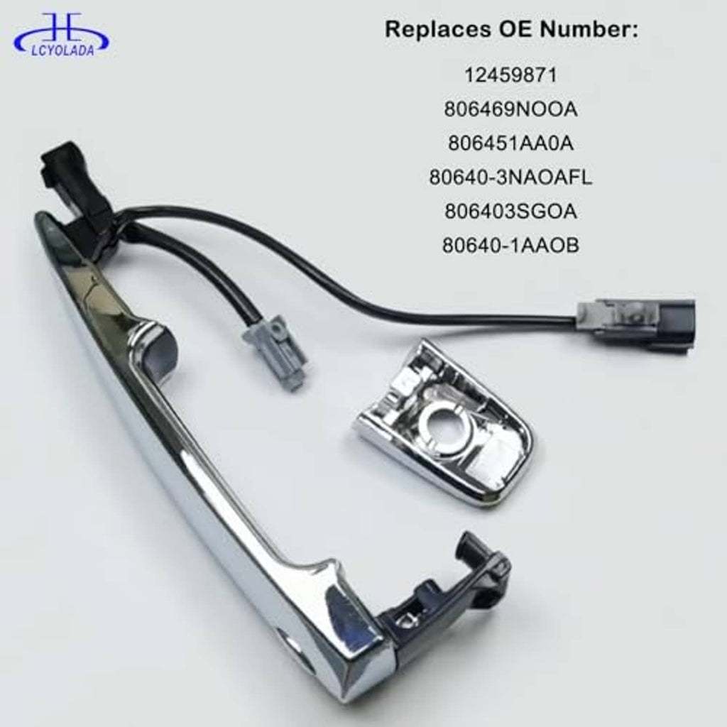 Chrome door handle with sensor housing, wiring connectors, and mounting bracket