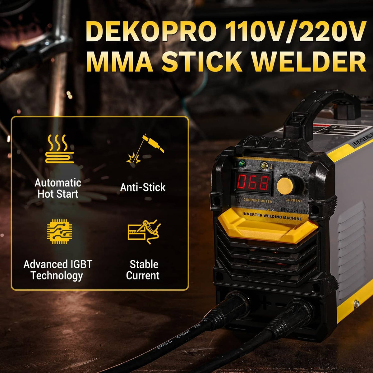 Portable MMA stick welder with gray/yellow casing and front digital amperage display