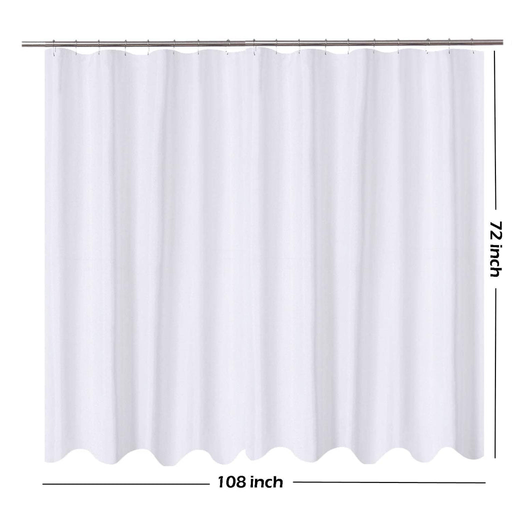White shower curtain liner with full-width panel and scalloped bottom edge