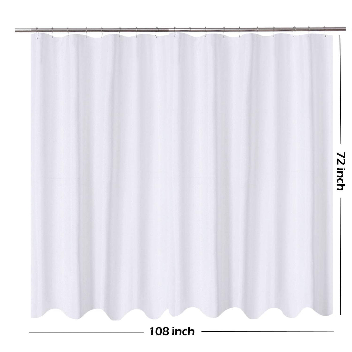 White shower curtain liner with full-width panel and scalloped bottom edge