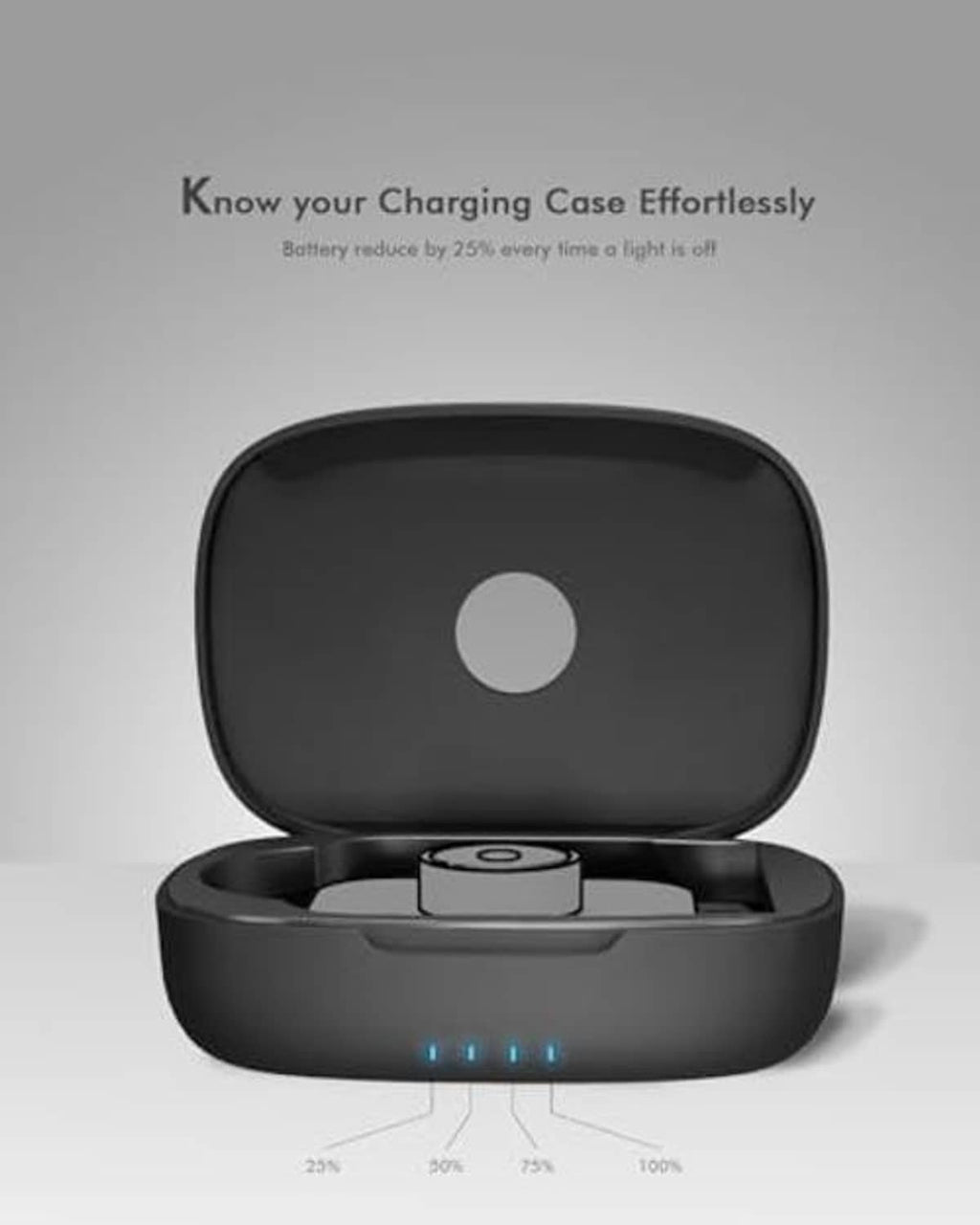 Black charging case with lid open and front battery indicator lights