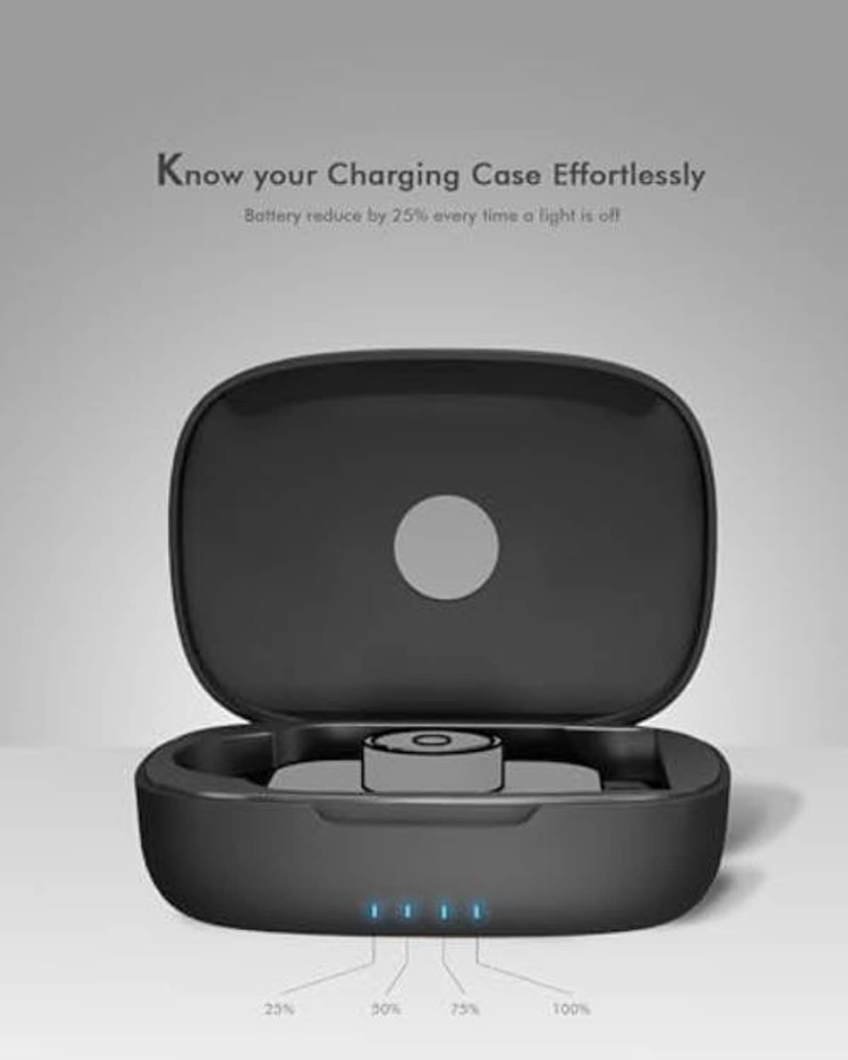 Black charging case with lid open and front battery indicator lights