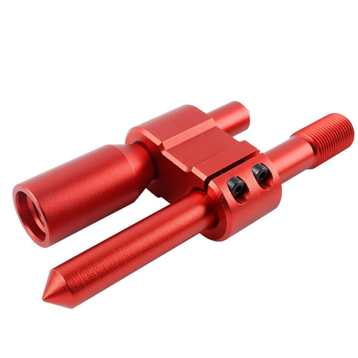Red anodized aluminum shift knob extension with dual cone grips and threaded bolt end