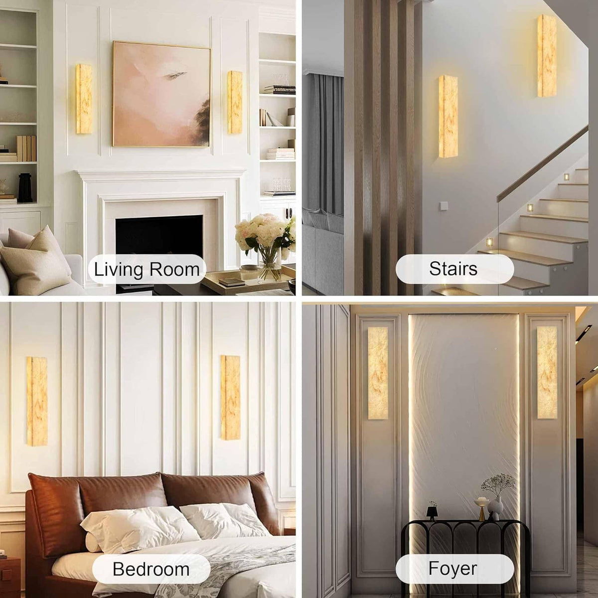 Multiple rectangular marble wall sconces placed throughout a home interior