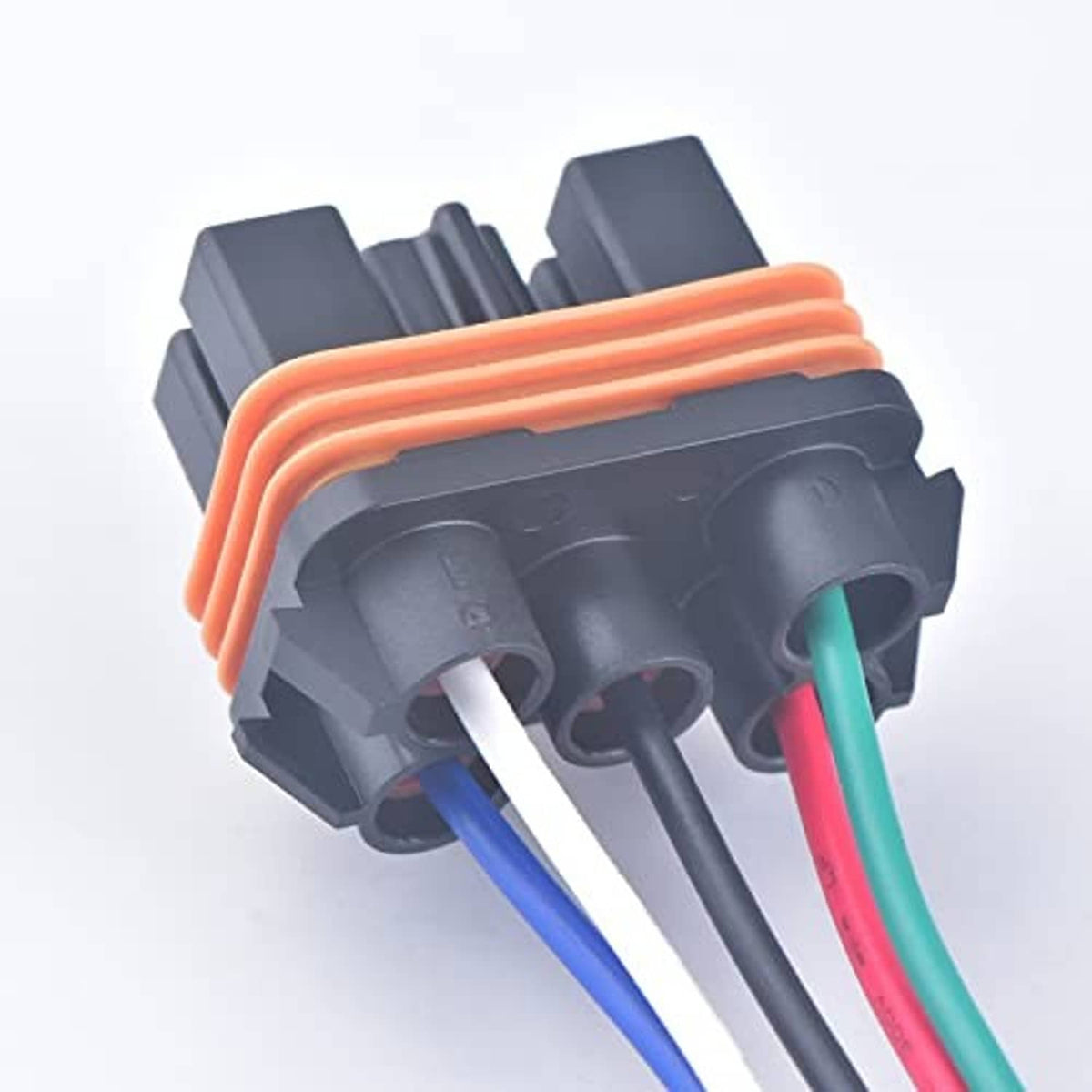 5-pin female waterproof connector plug with orange housing and rear view of colored wires