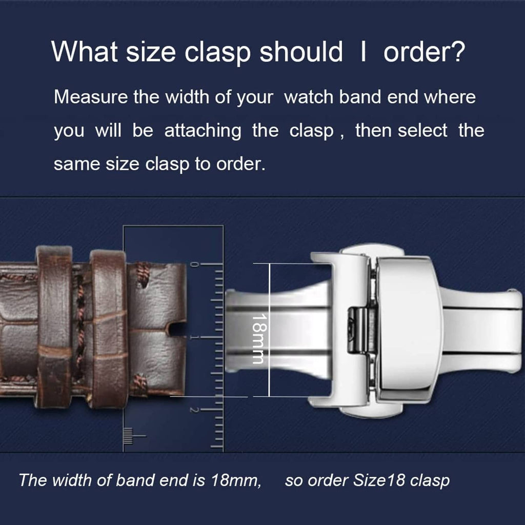 Silver deployant clasp sized for 18mm strap end width, band end and clasp shown