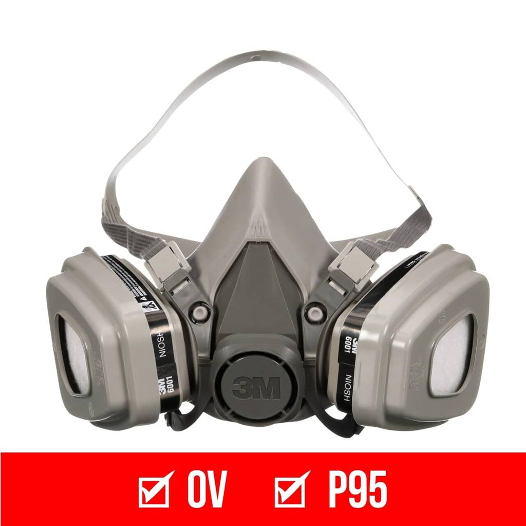 Reusable half-face respirator front view with two OV cartridges and adjustable head straps