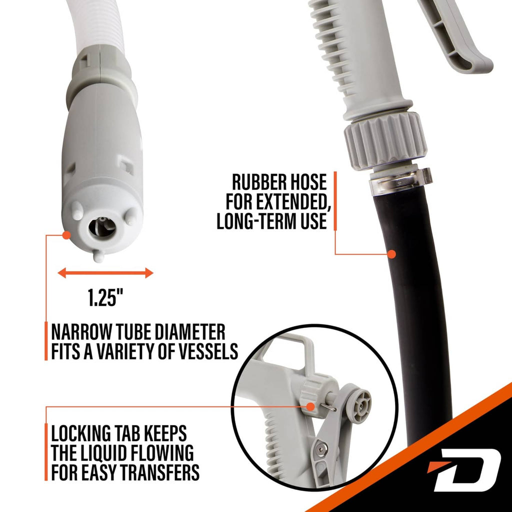 Fuel transfer pump nozzle and black hose with ribbed narrow tube fitting and locking tab