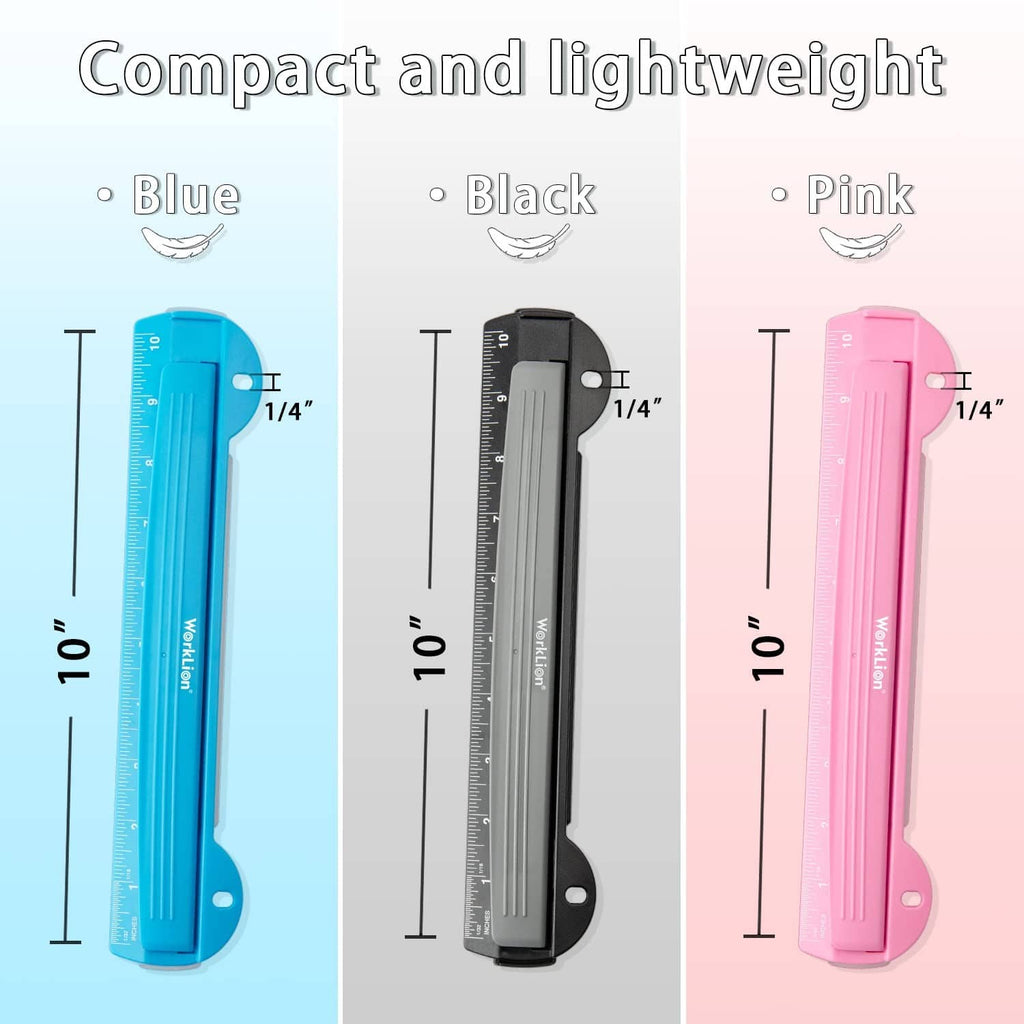 3-hole puncher shown in blue, black, and pink color options with size markers
