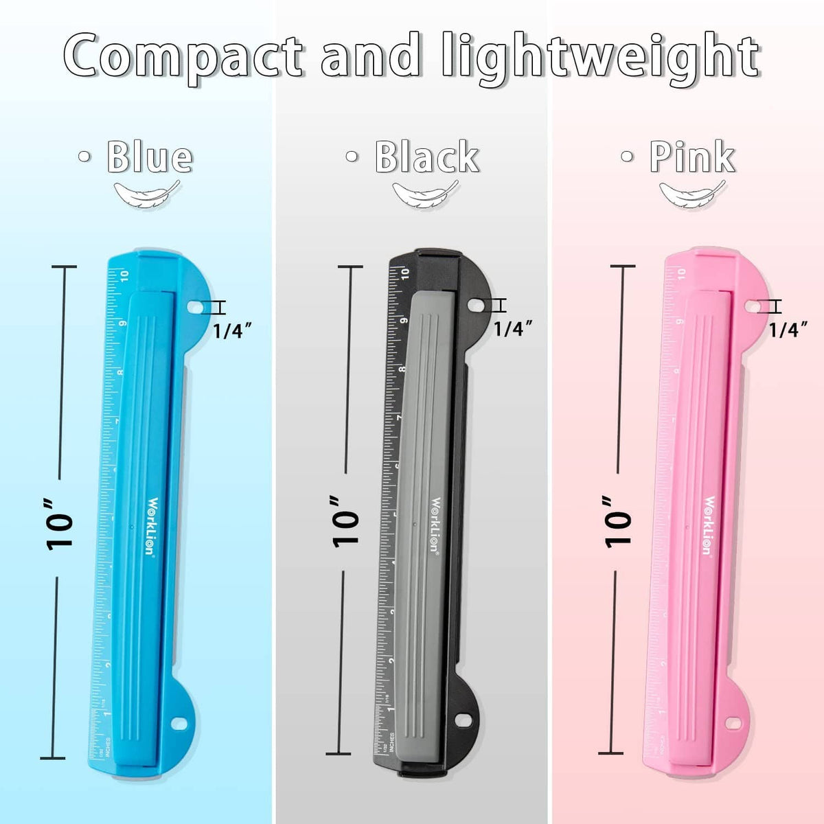 3-hole puncher shown in blue, black, and pink color options with size markers