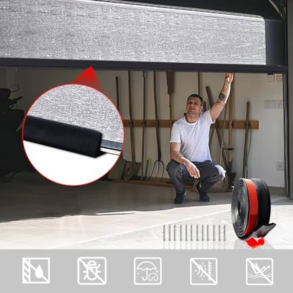 Garage door bottom seal with red lip and black rubber edge, shown on door opening
