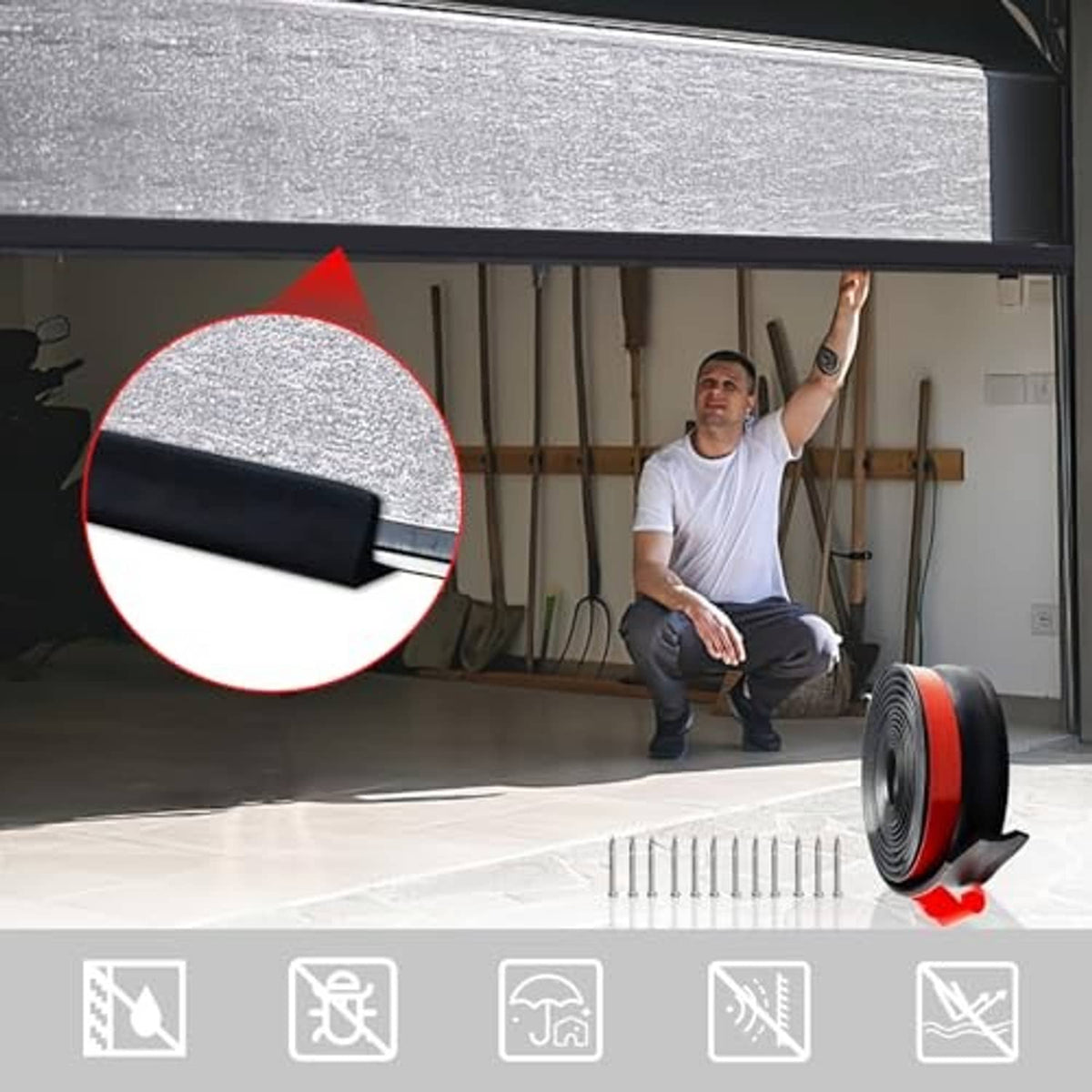 Garage door bottom seal with red lip and black rubber edge, shown on door opening