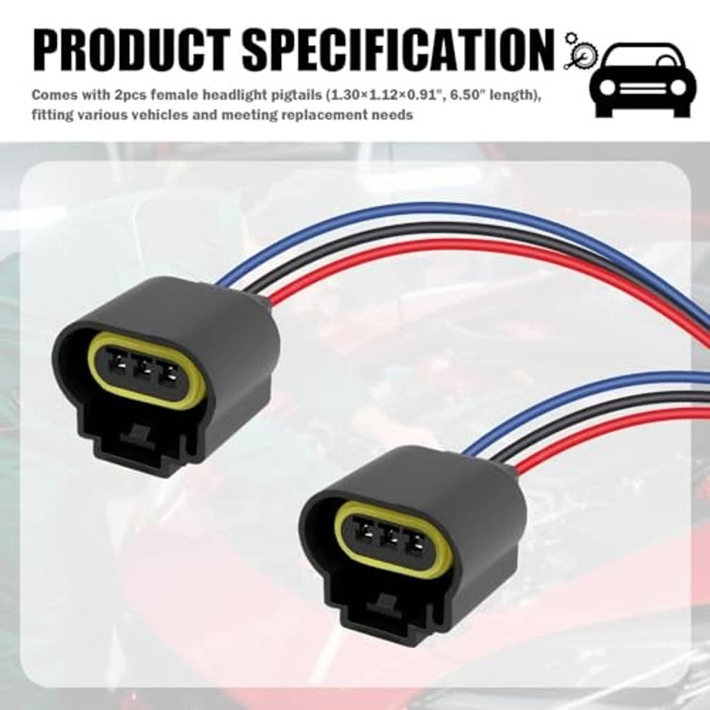 Two headlight pigtail connectors, gray housings and yellow plugs, red/blue wire leads