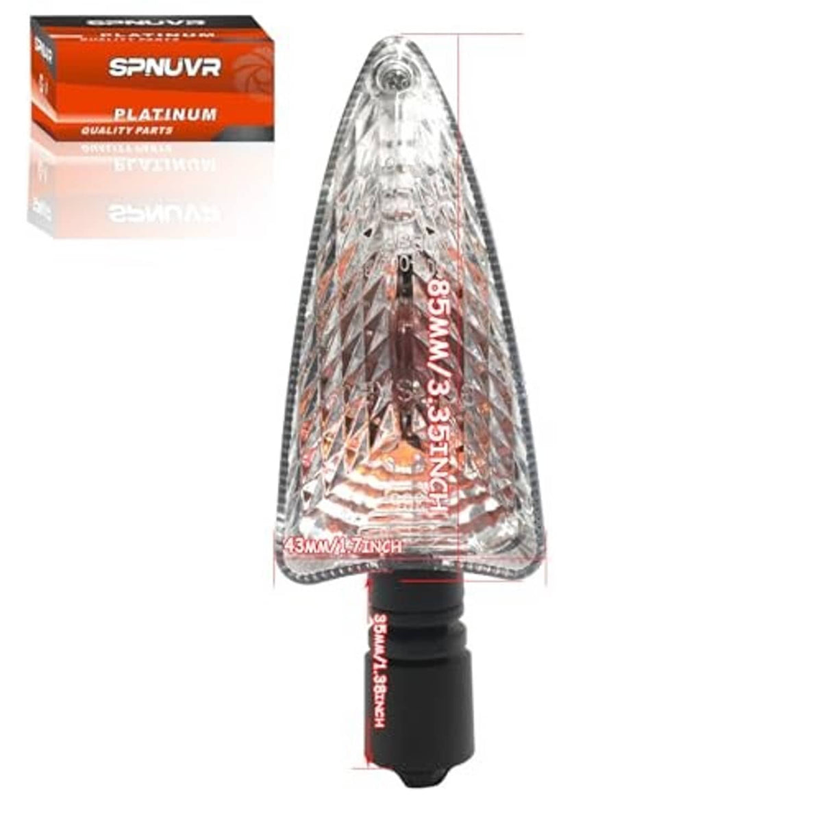 Motorcycle turn signal light with clear triangular lens and amber reflector, black base in box
