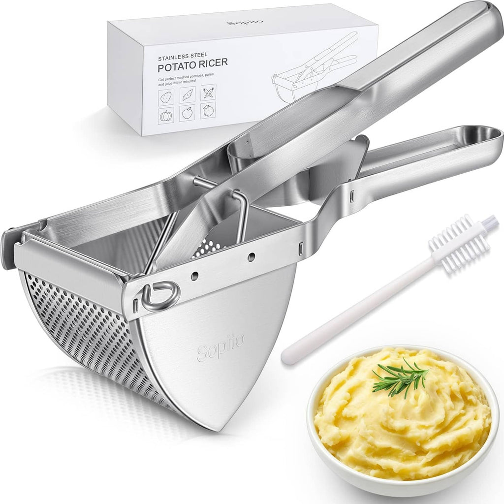 Sopito stainless steel potato ricer with long handles and included accessory brush