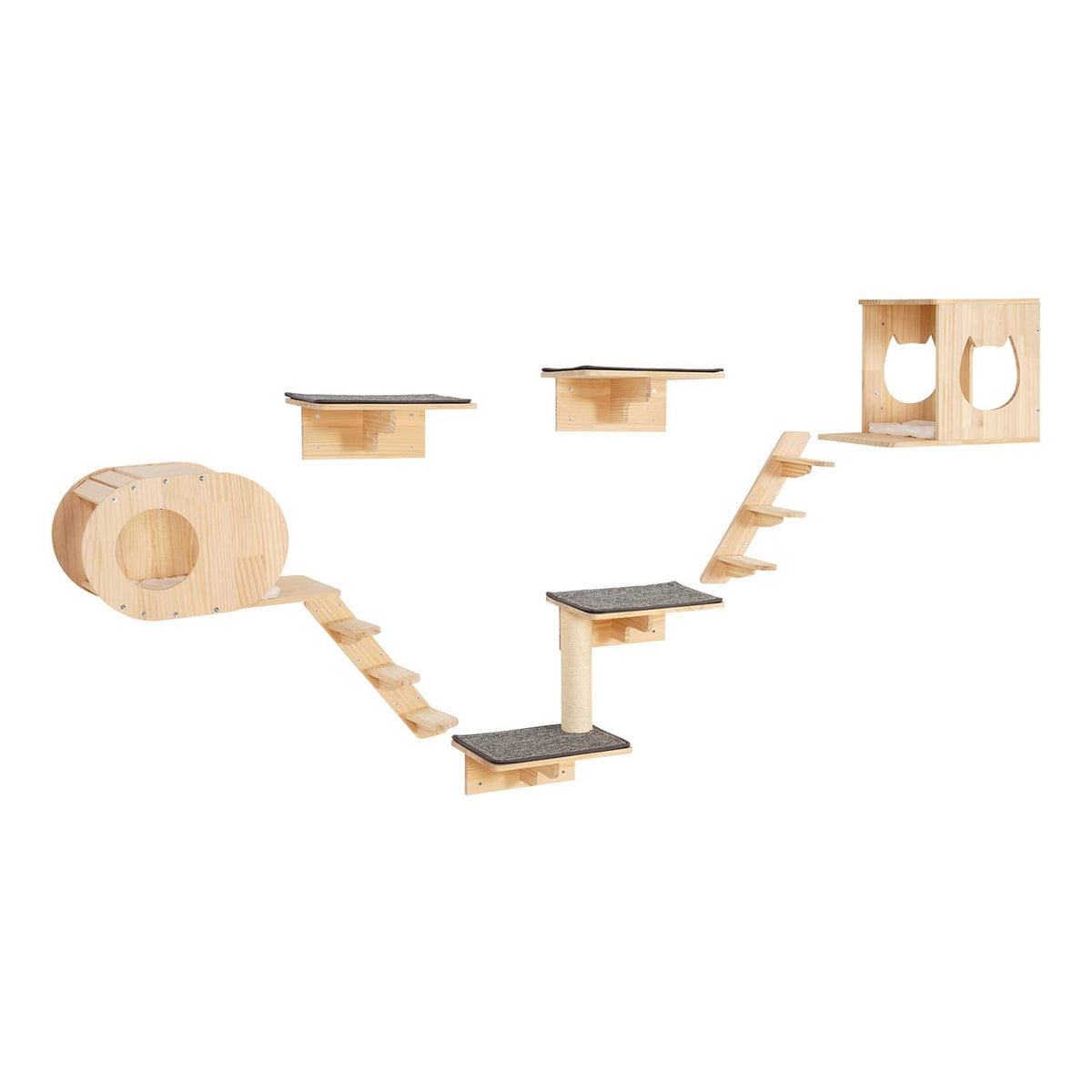 Wall-mounted cat climbing set with tunnel, cubby, padded platforms, and ramps