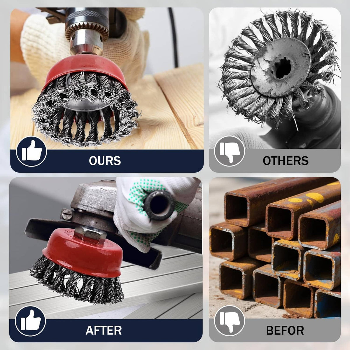 Red wire cup brush mounted on an angle grinder, black wire bristles