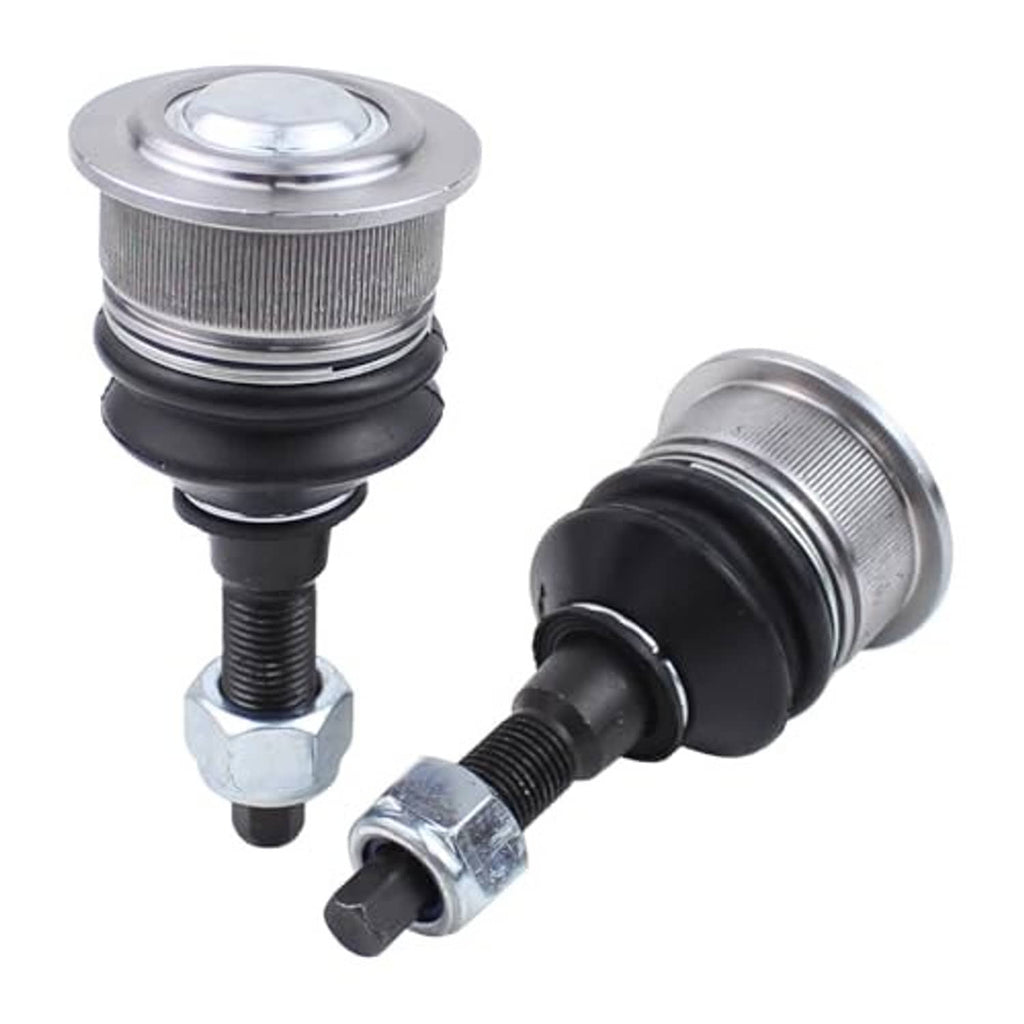 Front upper ball joint assembly pair showing threaded stud, black boot, and chrome housing